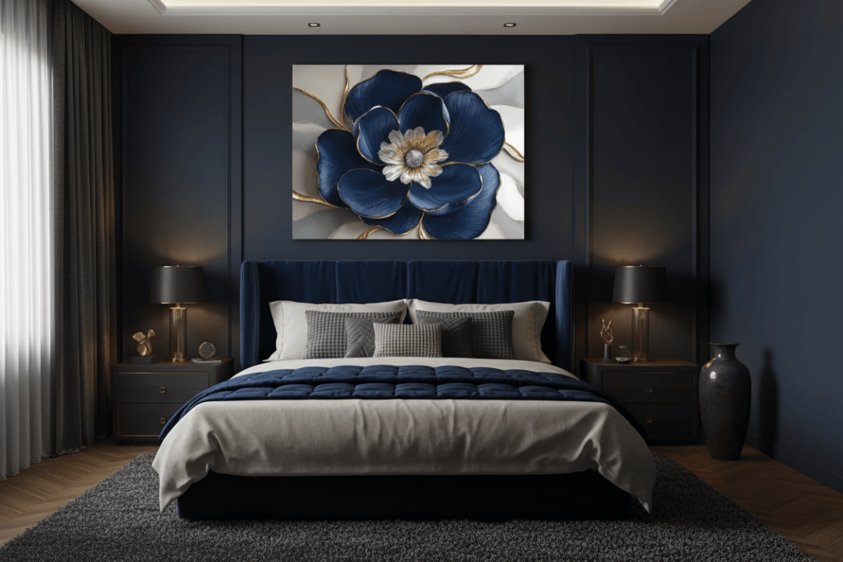 Royal Petal Radiance – Blue & Gold Floral Canvas Wall Art