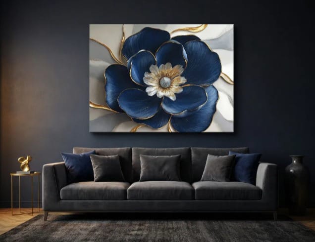 Royal Petal Radiance – Blue & Gold Floral Canvas Wall Art
