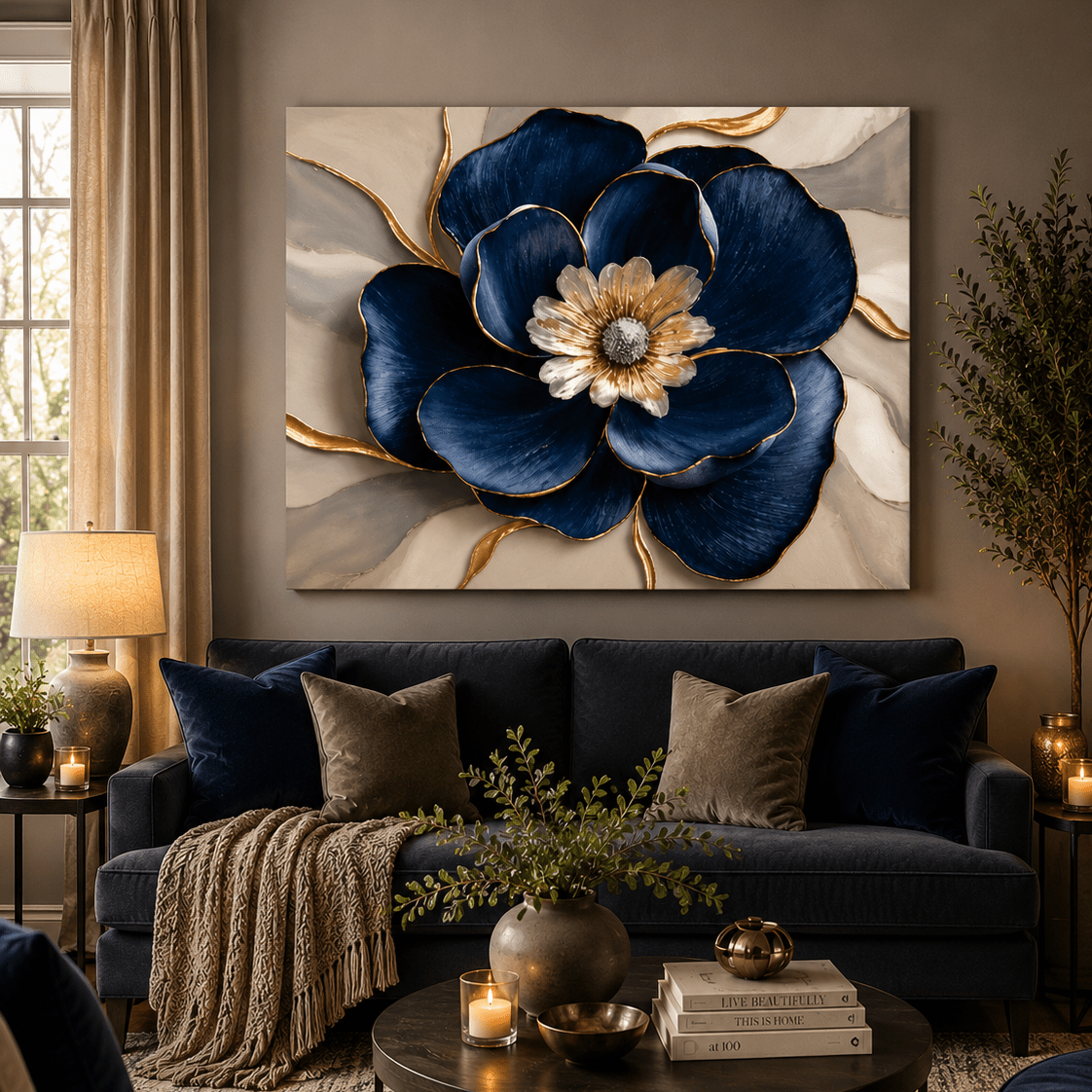 Royal Petal Radiance – Blue & Gold Floral Canvas Wall Art