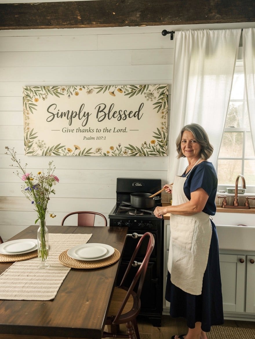 Simply Blessed Christian Wall Art – Psalm 107:1 Farmhouse Canvas Decor, Faith-Based Dining Room and Kitchen Wall Decor