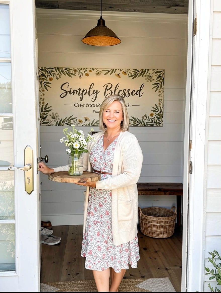 Simply Blessed Christian Wall Art – Psalm 107:1 Farmhouse Canvas Decor, Faith-Based Dining Room and Kitchen Wall Decor