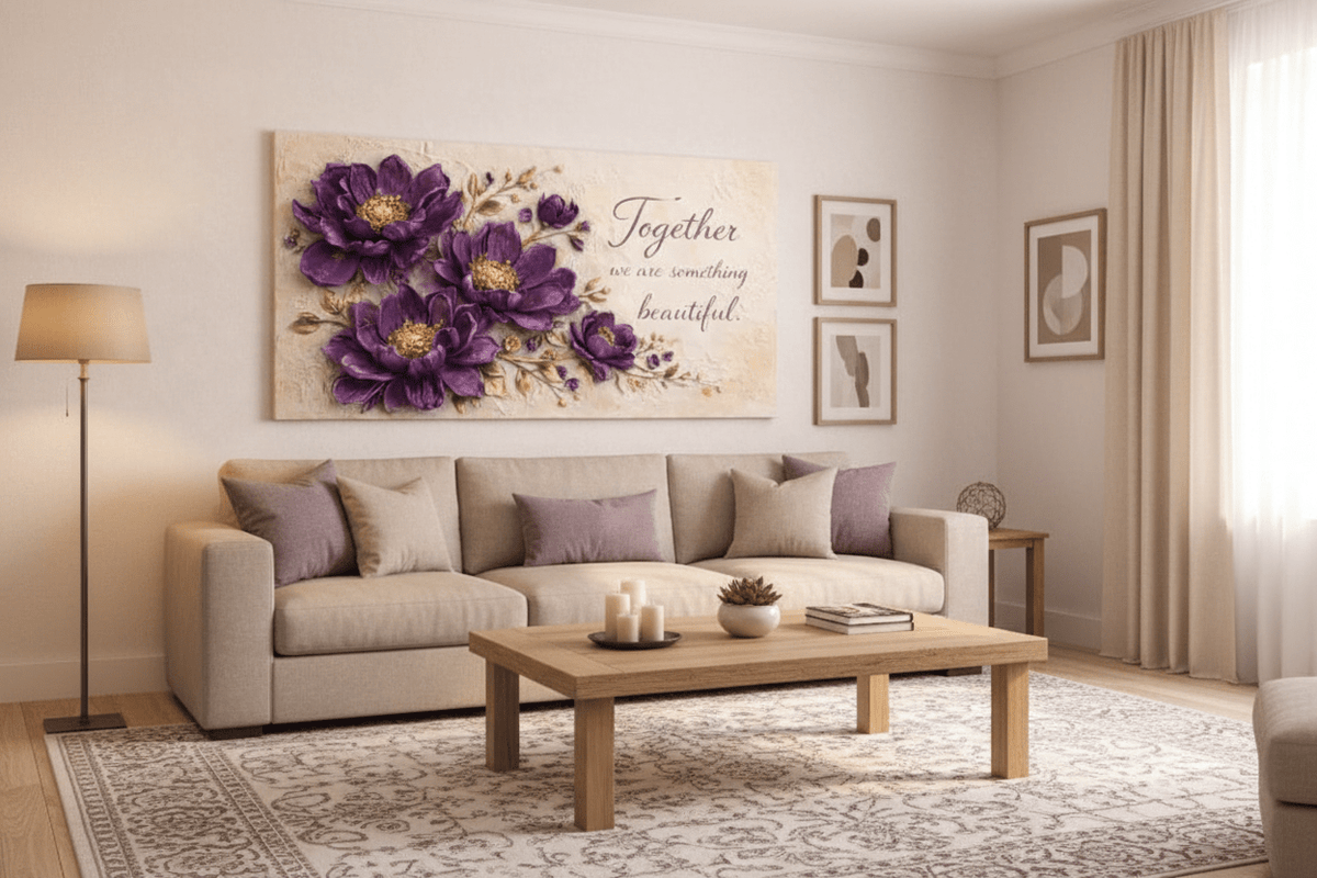 Together We Are Something Beautiful Wall Art - 3D Purple Peony Canvas with Gold Texture & Cream Backdrop
