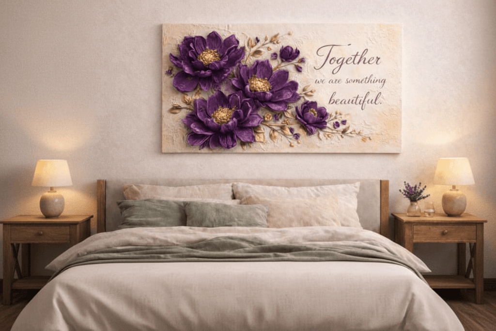 Together We Are Something Beautiful Wall Art - 3D Purple Peony Canvas with Gold Texture & Cream Backdrop