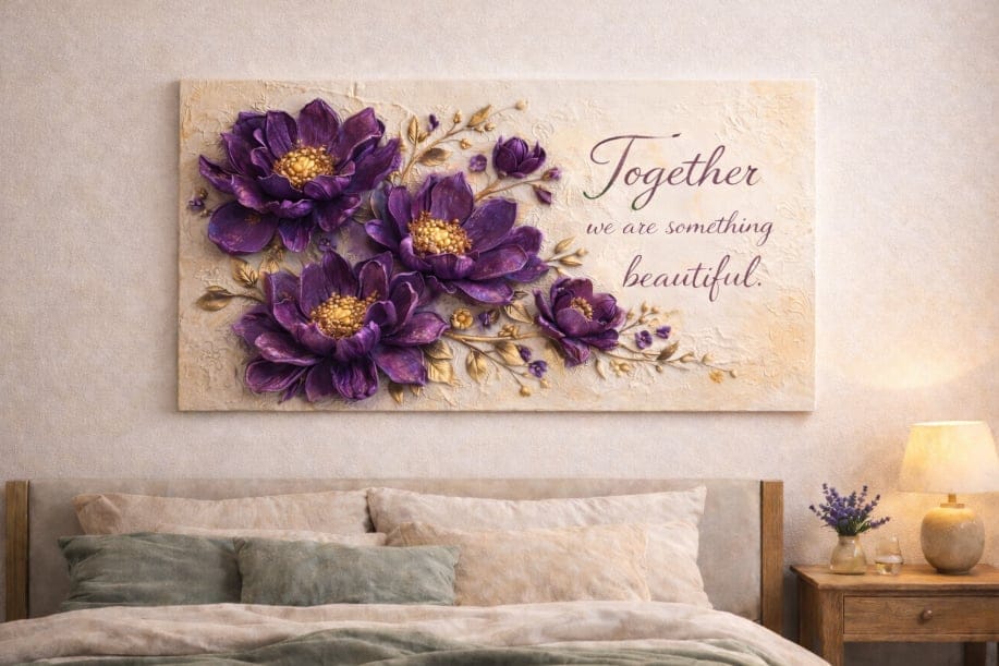Together We Are Something Beautiful Wall Art - 3D Purple Peony Canvas with Gold Texture & Cream Backdrop
