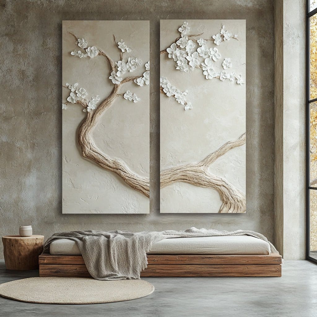 Whispering Branches Wall Art – Minimalist Tree & Blossom 2-Panel Design for Bedroom & Living Room Décor