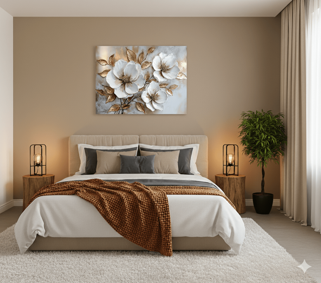 White Blossom Wall Art – Modern Floral Canvas with Elegant Gold Accents