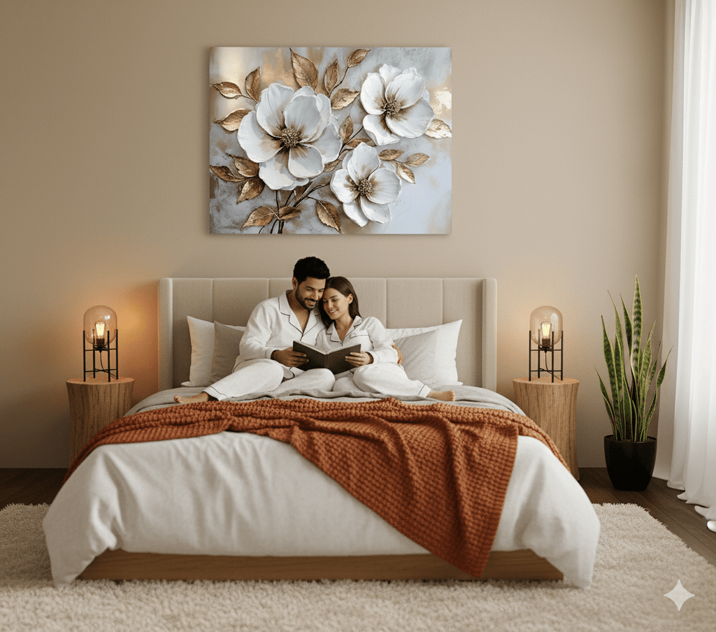 White Blossom Wall Art – Modern Floral Canvas with Elegant Gold Accents