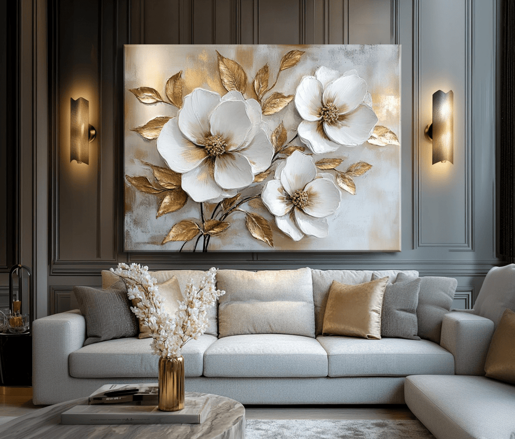 White Blossom Wall Art – Modern Floral Canvas with Elegant Gold Accents